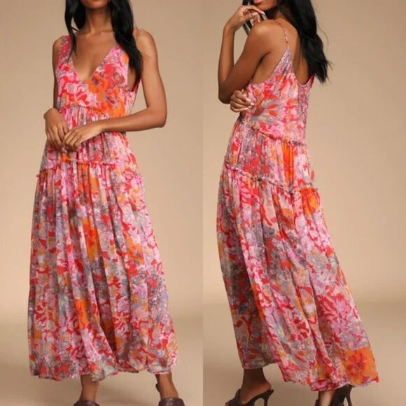 Free People Julianna Multi Tiered Maxi Dress Women L Red Sheer Overlay Airy Boho - Picture 1 of 11